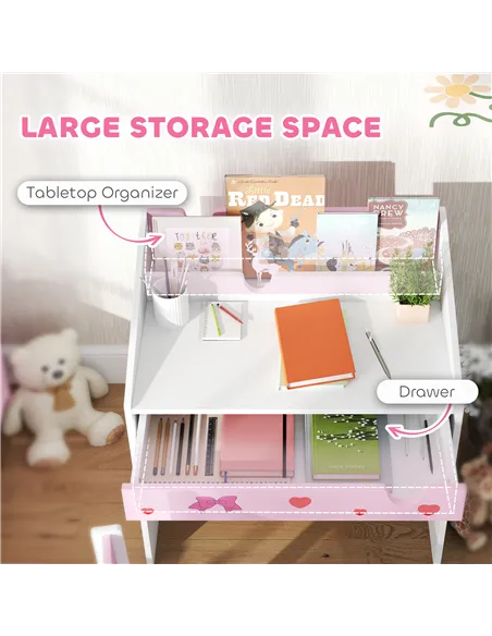 AIYAPLAY Children Study Table and Chair, Kids Desk and Chair Set with Storage, Pull-Out Drawer, for Ages 3-6 Years, Pink