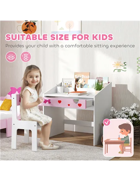 AIYAPLAY Children Study Table and Chair, Kids Desk and Chair Set with Storage, Pull-Out Drawer, for Ages 3-6 Years, Pink