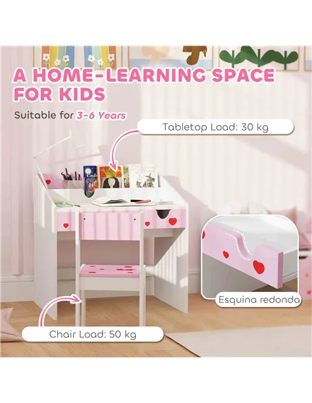 AIYAPLAY Children Study Table and Chair, Kids Desk and Chair Set with Storage, Pull-Out Drawer, for Ages 3-6 Years, Pink