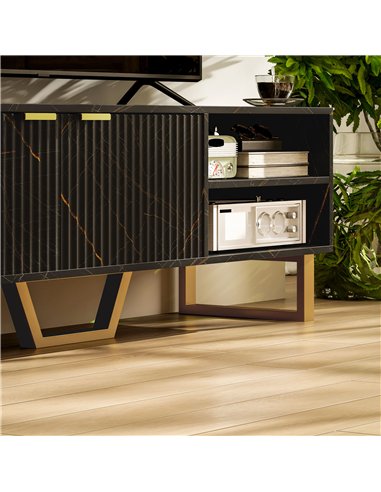 HOMCOM Marble Effect TV Unit, TV Stand Cabinet for up to 70" TVs, Modern TV Cabinet with Shelves and Storage Cupboard, Fluted Do