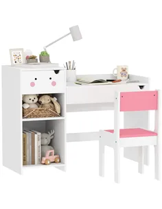 AIYAPLAY Rabbit-Themed Kids Desk and Chair Set with Bookcase, Drawers, Shelves, for Ages 3-6 Years, Whtie/Pink
