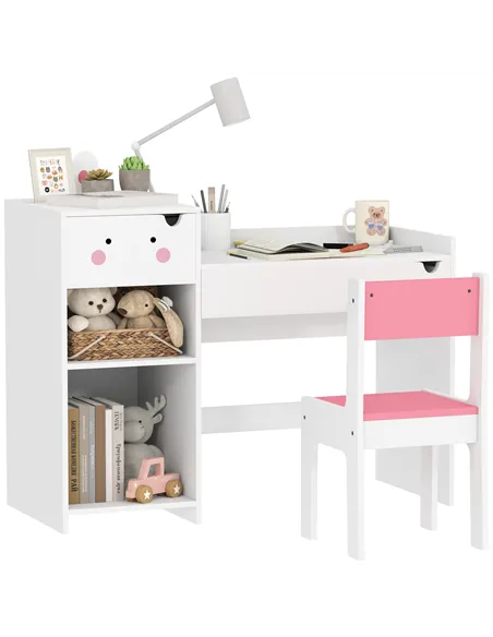 AIYAPLAY Rabbit-Themed Kids Desk and Chair Set with Bookcase, Drawers, Shelves, for Ages 3-6 Years, Whtie/Pink