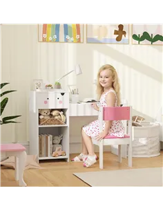 AIYAPLAY Rabbit-Themed Kids Desk and Chair Set with Bookcase, Drawers, Shelves, for Ages 3-6 Years, Whtie/Pink 2