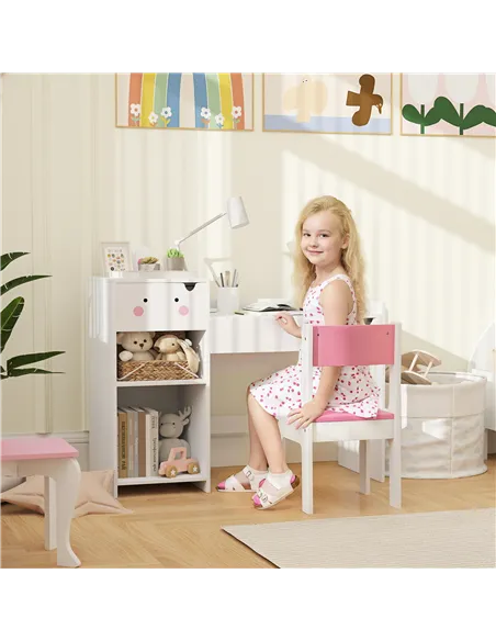 AIYAPLAY Rabbit-Themed Kids Desk and Chair Set with Bookcase, Drawers, Shelves, for Ages 3-6 Years, Whtie/Pink