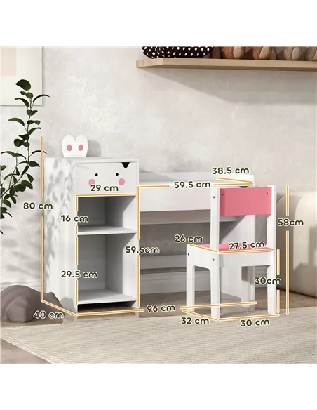 AIYAPLAY Rabbit-Themed Kids Desk and Chair Set with Bookcase, Drawers, Shelves, for Ages 3-6 Years, Whtie/Pink