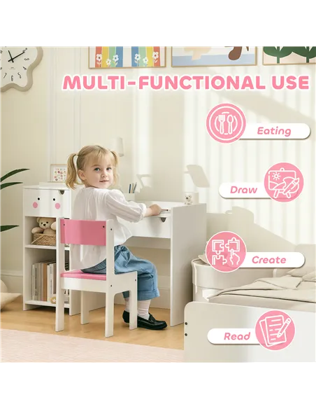 AIYAPLAY Rabbit-Themed Kids Desk and Chair Set with Bookcase, Drawers, Shelves, for Ages 3-6 Years, Whtie/Pink