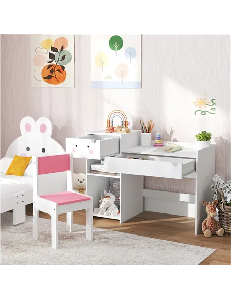 AIYAPLAY Rabbit-Themed Kids Desk and Chair Set with Bookcase, Drawers, Shelves, for Ages 3-6 Years, Whtie/Pink