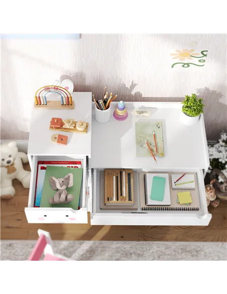 AIYAPLAY Rabbit-Themed Kids Desk and Chair Set with Bookcase, Drawers, Shelves, for Ages 3-6 Years, Whtie/Pink
