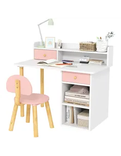 AIYAPLAY 2 Pieces Children Study Table with Hutch, Kids Desk and Chair Set with Storage, Drawer, Shelves, Pink