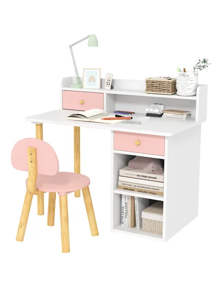 AIYAPLAY 2 Pieces Children Study Table with Hutch, Kids Desk and Chair Set with Storage, Drawer, Shelves, Pink