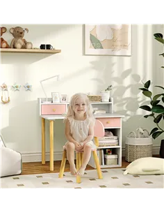 AIYAPLAY 2 Pieces Children Study Table with Hutch, Kids Desk and Chair Set with Storage, Drawer, Shelves, Pink 2