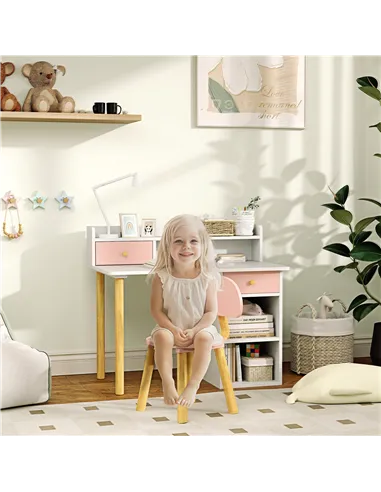 AIYAPLAY 2 Pieces Children Study Table with Hutch, Kids Desk and Chair Set with Storage, Drawer, Shelves, Pink