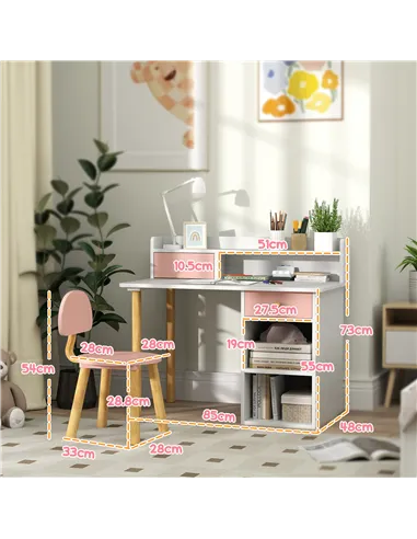 AIYAPLAY 2 Pieces Children Study Table with Hutch, Kids Desk and Chair Set with Storage, Drawer, Shelves, Pink