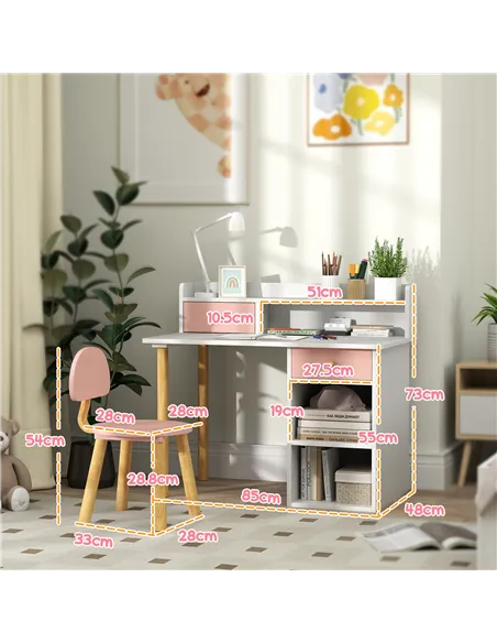 AIYAPLAY 2 Pieces Children Study Table with Hutch, Kids Desk and Chair Set with Storage, Drawer, Shelves, Pink