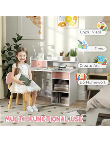 AIYAPLAY 2 Pieces Children Study Table with Hutch, Kids Desk and Chair Set with Storage, Drawer, Shelves, Pink