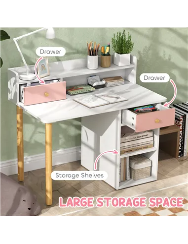 AIYAPLAY 2 Pieces Children Study Table with Hutch, Kids Desk and Chair Set with Storage, Drawer, Shelves, Pink