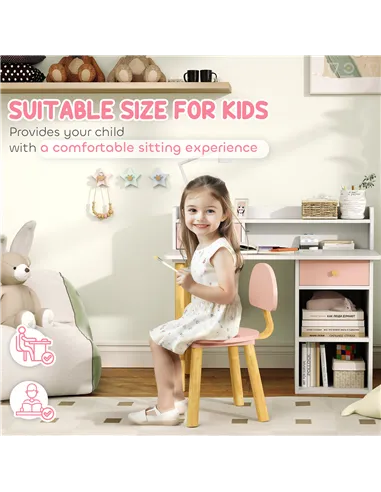 AIYAPLAY 2 Pieces Children Study Table with Hutch, Kids Desk and Chair Set with Storage, Drawer, Shelves, Pink