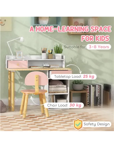 AIYAPLAY 2 Pieces Children Study Table with Hutch, Kids Desk and Chair Set with Storage, Drawer, Shelves, Pink