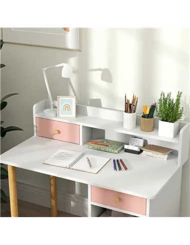 AIYAPLAY 2 Pieces Children Study Table with Hutch, Kids Desk and Chair Set with Storage, Drawer, Shelves, Pink