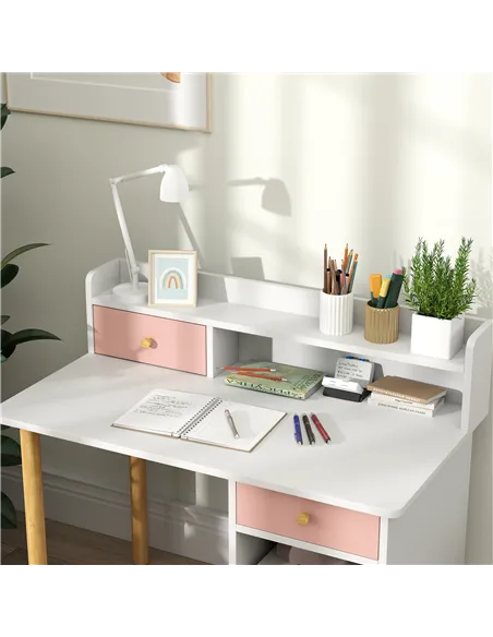 AIYAPLAY 2 Pieces Children Study Table with Hutch, Kids Desk and Chair Set with Storage, Drawer, Shelves, Pink