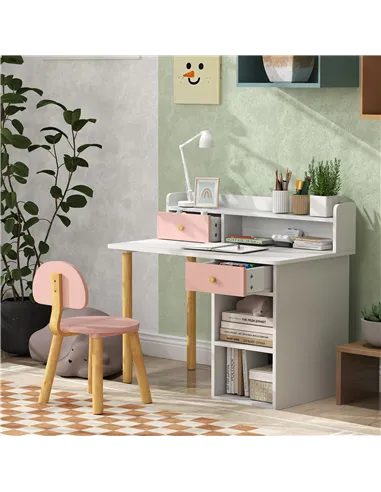 AIYAPLAY 2 Pieces Children Study Table with Hutch, Kids Desk and Chair Set with Storage, Drawer, Shelves, Pink