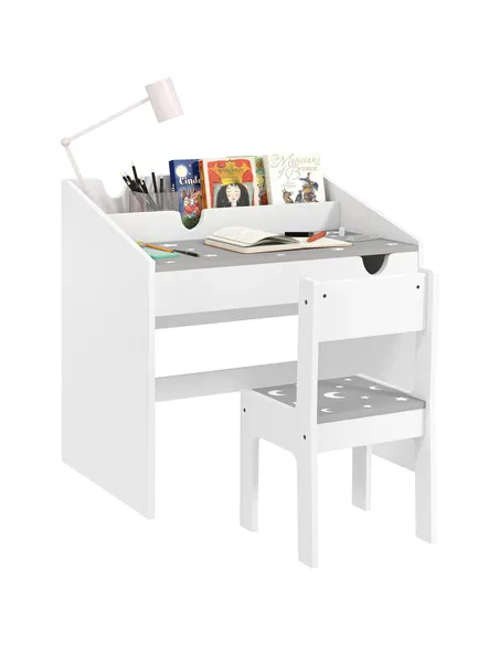 AIYAPLAY Children Study Table and Chair, Kids Desk and Chair Set with Storage, Pull-Out Drawer, for Ages 3-6 Years, Grey