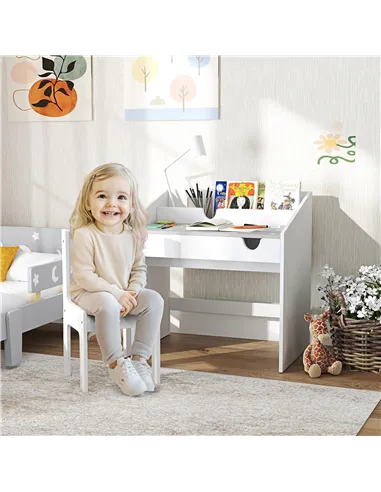 AIYAPLAY Children Study Table and Chair, Kids Desk and Chair Set with Storage, Pull-Out Drawer, for Ages 3-6 Years, Grey