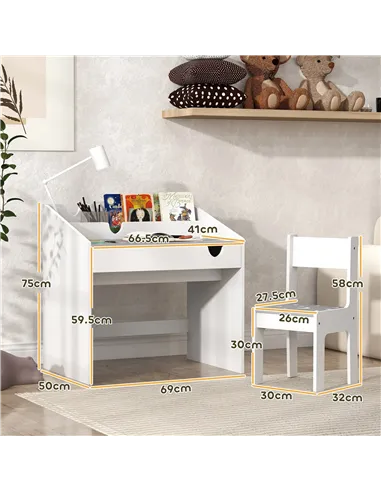 AIYAPLAY Children Study Table and Chair, Kids Desk and Chair Set with Storage, Pull-Out Drawer, for Ages 3-6 Years, Grey