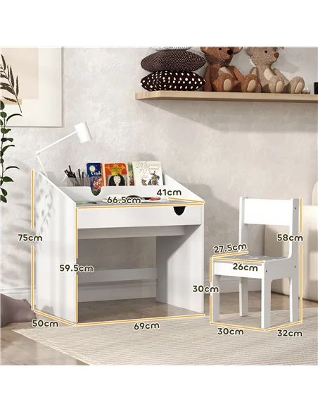 AIYAPLAY Children Study Table and Chair, Kids Desk and Chair Set with Storage, Pull-Out Drawer, for Ages 3-6 Years, Grey