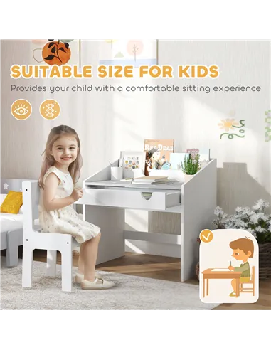 AIYAPLAY Children Study Table and Chair, Kids Desk and Chair Set with Storage, Pull-Out Drawer, for Ages 3-6 Years, Grey