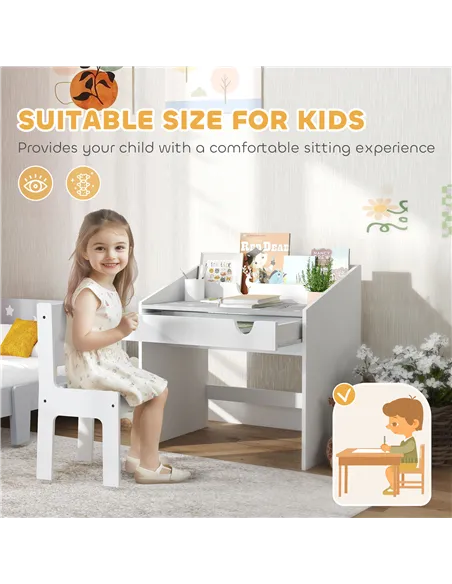 AIYAPLAY Children Study Table and Chair, Kids Desk and Chair Set with Storage, Pull-Out Drawer, for Ages 3-6 Years, Grey