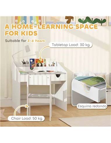 AIYAPLAY Children Study Table and Chair, Kids Desk and Chair Set with Storage, Pull-Out Drawer, for Ages 3-6 Years, Grey