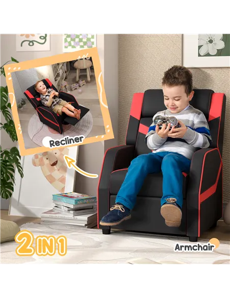 AIYAPLAY 2 in 1 Kids Chair Recliner with Backrest, Armrest, Footrest, PU Leather, for 3-9 Years Old, Black