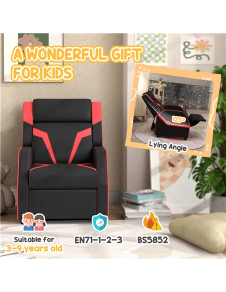 AIYAPLAY 2 in 1 Kids Chair Recliner with Backrest, Armrest, Footrest, PU Leather, for 3-9 Years Old, Black