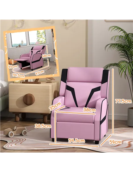 AIYAPLAY 2 in 1 Kids Chair Recliner with Backrest, Armrest, Footrest, PU Leather, for 3-9 Years Old, Pink