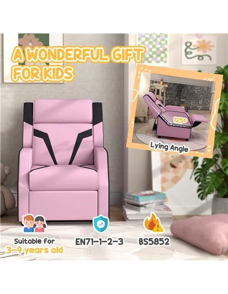 AIYAPLAY 2 in 1 Kids Chair Recliner with Backrest, Armrest, Footrest, PU Leather, for 3-9 Years Old, Pink