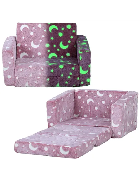 AIYAPLAY 2 in 1 Kids Folding Bed Armchair with Glow in The Dark Cosmic Design, Washable Cushion and Cover, Pink