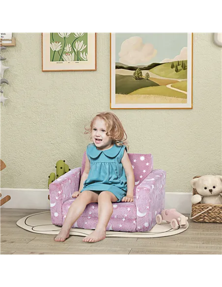 AIYAPLAY 2 in 1 Kids Folding Bed Armchair with Glow in The Dark Cosmic Design, Washable Cushion and Cover, Pink
