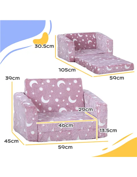 AIYAPLAY 2 in 1 Kids Folding Bed Armchair with Glow in The Dark Cosmic Design, Washable Cushion and Cover, Pink