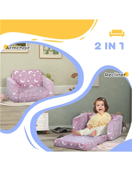 AIYAPLAY 2 in 1 Kids Folding Bed Armchair with Glow in The Dark Cosmic Design, Washable Cushion and Cover, Pink