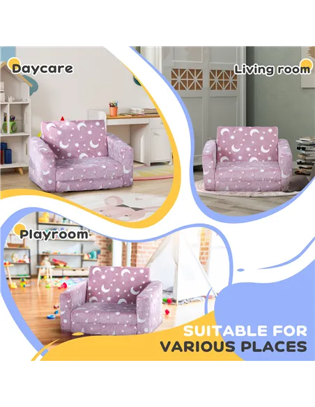 AIYAPLAY 2 in 1 Kids Folding Bed Armchair with Glow in The Dark Cosmic Design, Washable Cushion and Cover, Pink