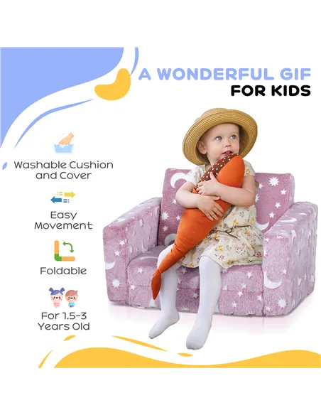 AIYAPLAY 2 in 1 Kids Folding Bed Armchair with Glow in The Dark Cosmic Design, Washable Cushion and Cover, Pink