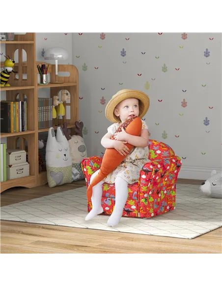 AIYAPLAY Kids Armchair with Dinosaur Design, Wooden Frame, for Bedroom, Playroom, Kids Room - Red