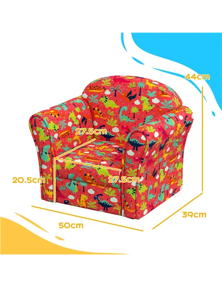 AIYAPLAY Kids Armchair with Dinosaur Design, Wooden Frame, for Bedroom, Playroom, Kids Room - Red