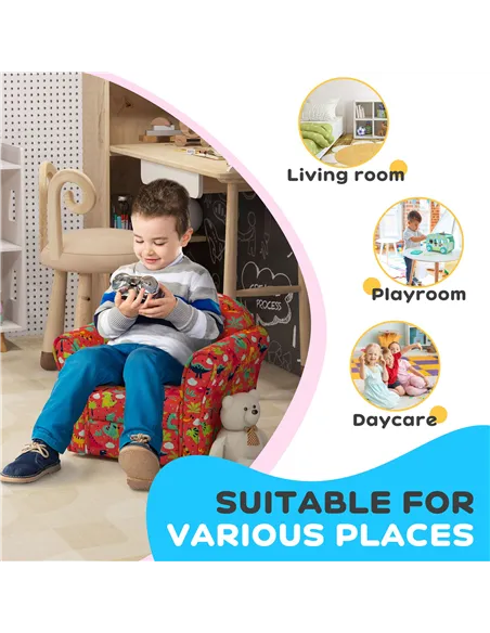 AIYAPLAY Kids Armchair with Dinosaur Design, Wooden Frame, for Bedroom, Playroom, Kids Room - Red
