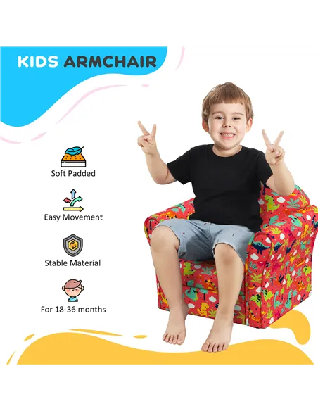 AIYAPLAY Kids Armchair with Dinosaur Design, Wooden Frame, for Bedroom, Playroom, Kids Room - Red