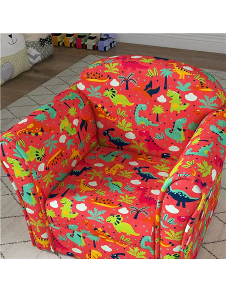AIYAPLAY Kids Armchair with Dinosaur Design, Wooden Frame, for Bedroom, Playroom, Kids Room - Red