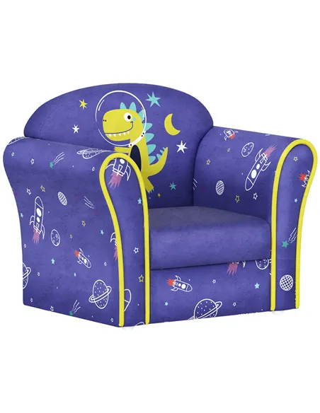 AIYAPLAY Kids Armchair with Planet Dinosaurs Design, Wooden Frame, for Bedroom, Playroom, Kids Room - Blue
