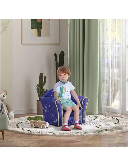 AIYAPLAY Kids Armchair with Planet Dinosaurs Design, Wooden Frame, for Bedroom, Playroom, Kids Room - Blue