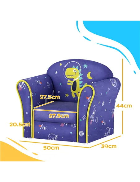 AIYAPLAY Kids Armchair with Planet Dinosaurs Design, Wooden Frame, for Bedroom, Playroom, Kids Room - Blue